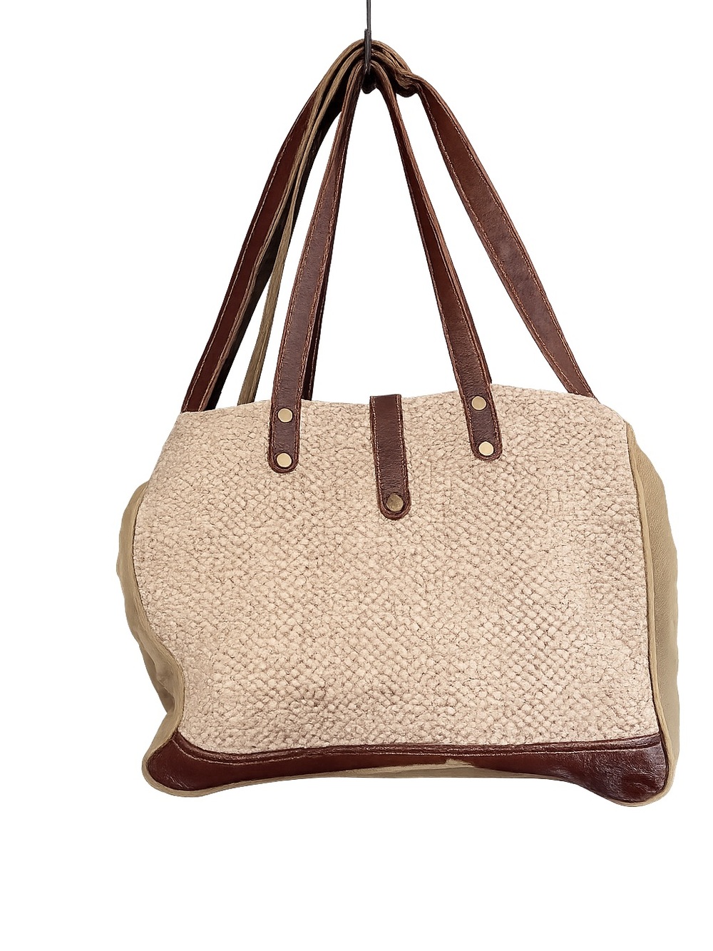 Myra Cream Woven Tote Bag Brown Leather Trim Boho Western Cottagecore